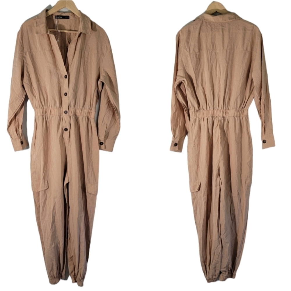 NEW Bershka Women Full Length Jumpsuit Sz L Tan Lyocell Elastic Waist Long Sleev
